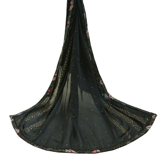 Indian Vintage Black Dupatta Long Stole Georgette Hand Embroidered Indian Scarves Veil Scarf Wrap Hippie Boho