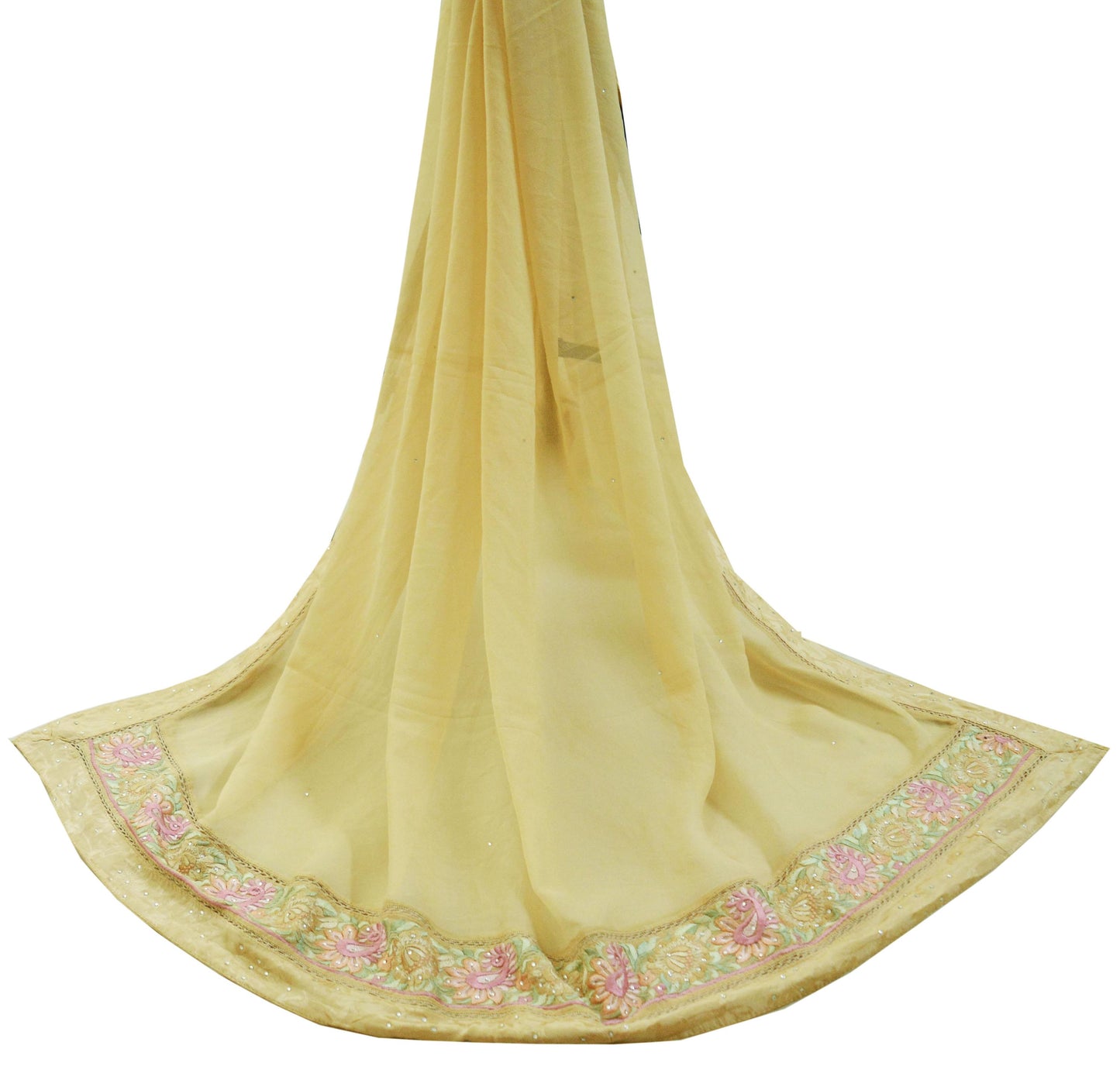 Indian Vintage Beige Dupatta Pure Georgette silk Long Stole Hand Embroidered Scarves Stole Veil Wrap Sequins