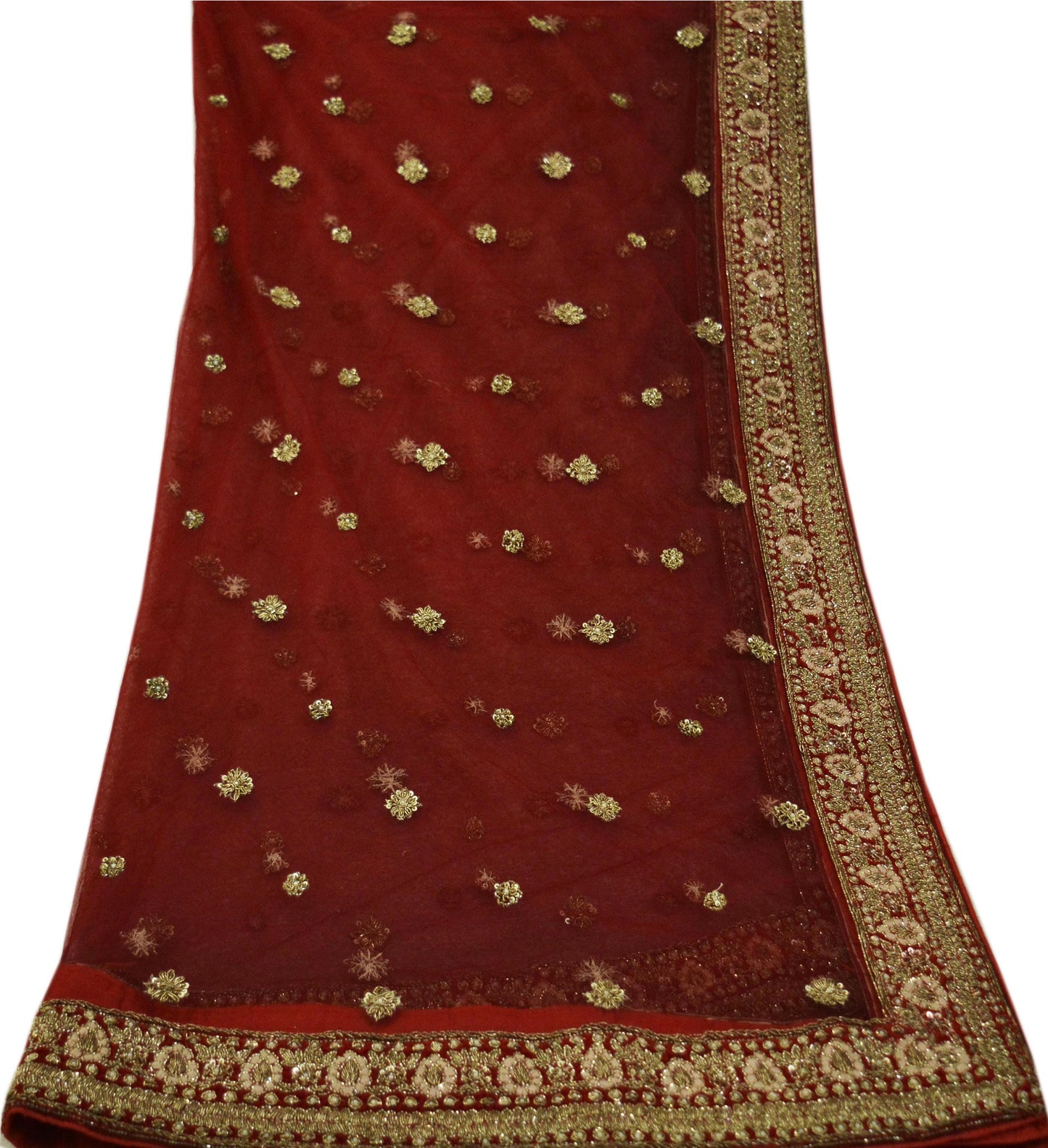 Indian Vintage Heavy Red Dupatta Net Mesh Long Stole Hand Embroidered Scarves Golden Zardozi Dabka Zari Sequins