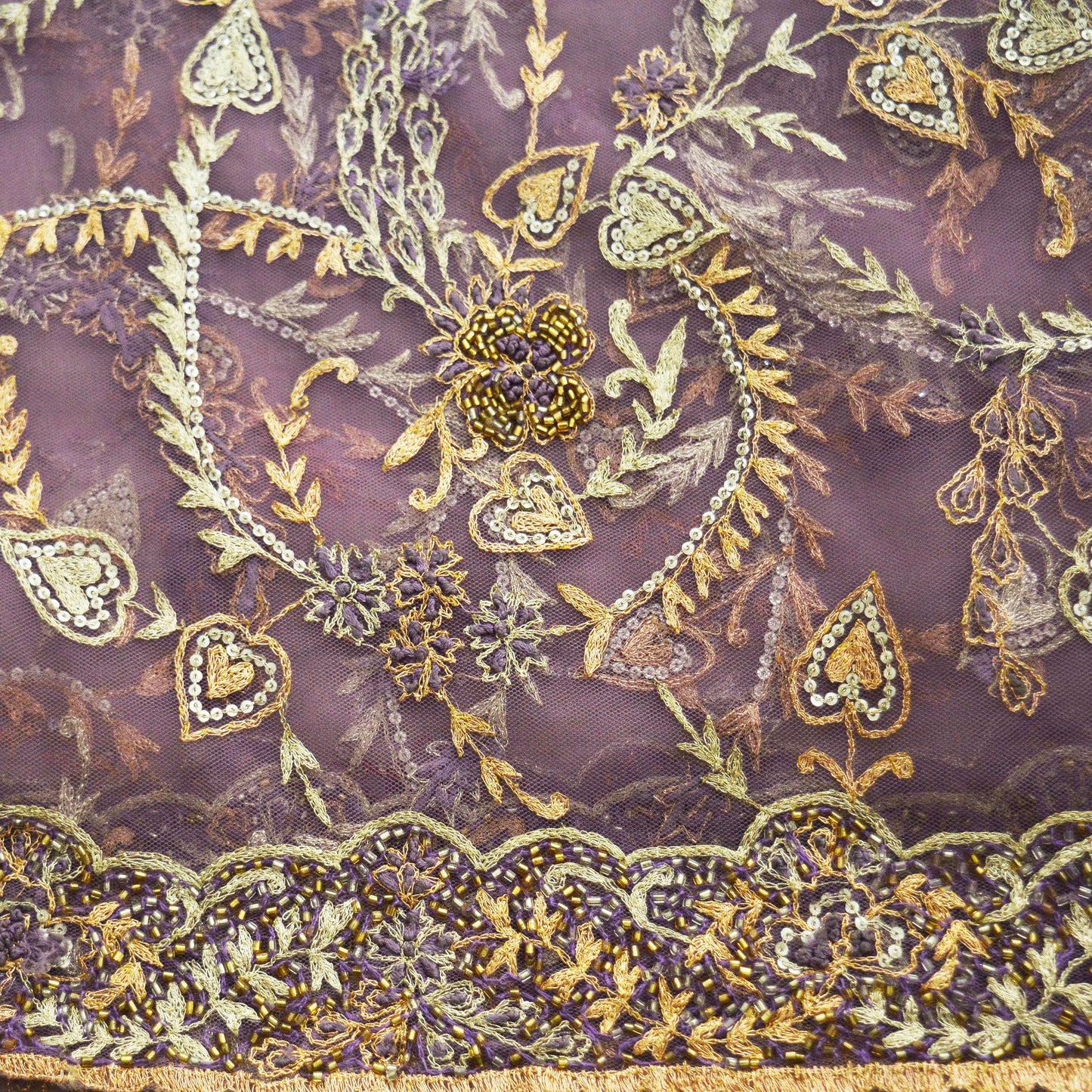 Indian Vintage Heavy Purple Dupatta Net Mesh Long Stole Hand Embroidered Scarf Purple Zardozi Zari Sequins Stole