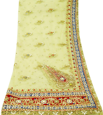 Indian Vintage Heavy Ivory Dupatta Net Mesh Long Stole Hand Embroidered Scarves Golden Zardozi Dabka Zari Stole