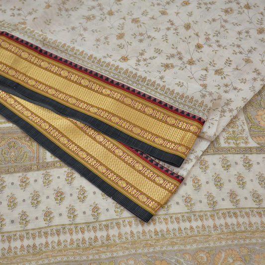 Indian Vintage Sari Ivory Cotton block Printed Sarees 5Yd Craft Fabric Soft Sewing Sarong Wrap Boho Upcycle Crafting Quilting