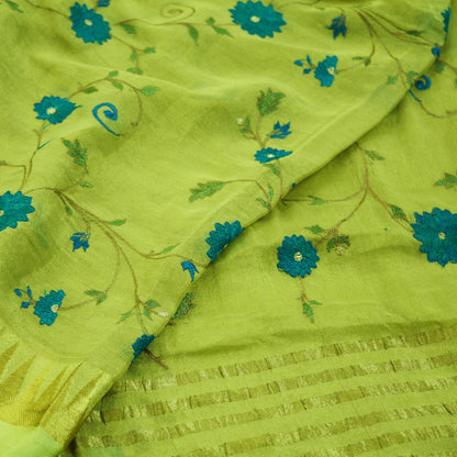 Indian Vintage Green Saree Pure Georgette Silk Hand Embroidered Indian Sari Fabric 5Yard Sewing Soft Ethnic