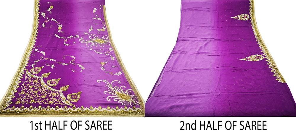 Indian Vintage Purple Saree Pure Georgette Silk Hand Beaded Indian Sari Fabric 5Yard Sewing Soft Ethnic Glass Beaded