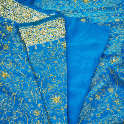 Indian Vintage Blue Saree Pure Crepe Silk Hand Embroidered Indian Sari Fabric 5Yd Sewing Soft Zardozi/Dabka Sequins