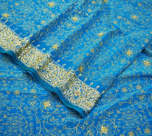 Indian Vintage Blue Saree Pure Crepe Silk Hand Embroidered Indian Sari Fabric 5Yd Sewing Soft Zardozi/Dabka Sequins