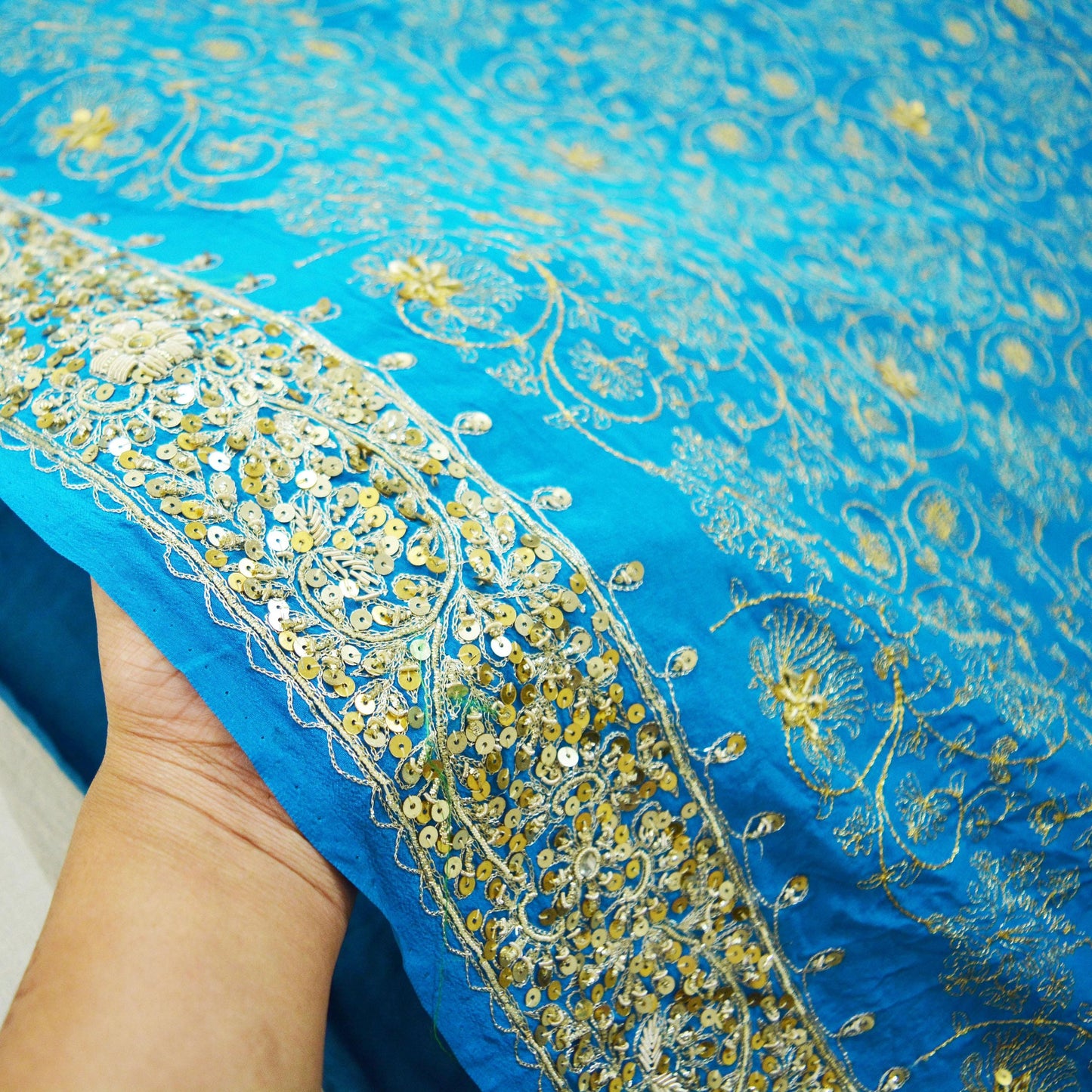 Indian Vintage Blue Saree Pure Crepe Silk Hand Embroidered Indian Sari Fabric 5Yd Sewing Soft Zardozi/Dabka Sequins