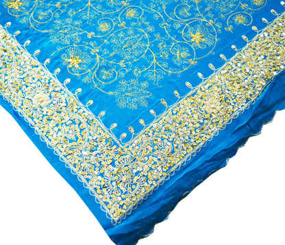 Indian Vintage Blue Saree Pure Crepe Silk Hand Embroidered Indian Sari Fabric 5Yd Sewing Soft Zardozi/Dabka Sequins