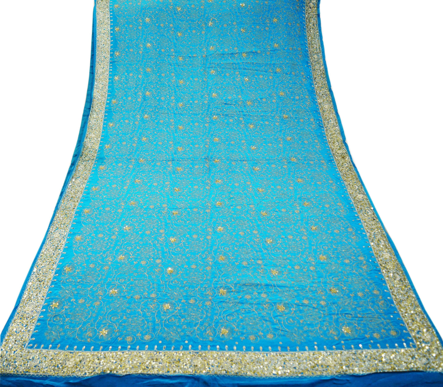 Indian Vintage Blue Saree Pure Crepe Silk Hand Embroidered Indian Sari Fabric 5Yd Sewing Soft Zardozi/Dabka Sequins