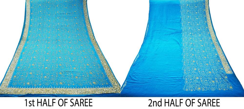 Indian Vintage Blue Saree Pure Crepe Silk Hand Embroidered Indian Sari Fabric 5Yd Sewing Soft Zardozi/Dabka Sequins