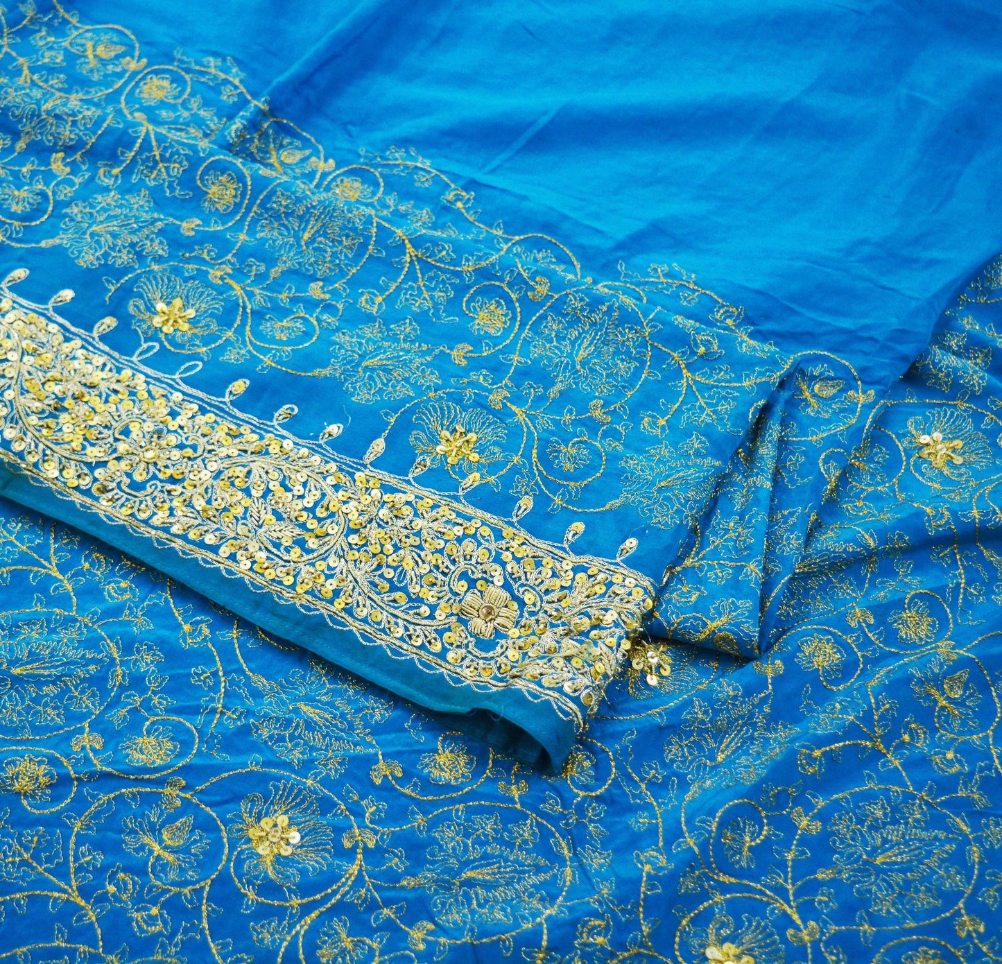 Indian Vintage Blue Saree Pure Crepe Silk Hand Embroidered Indian Sari Fabric 5Yd Sewing Soft Zardozi/Dabka Sequins