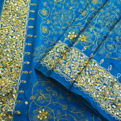 Indian Vintage Blue Saree Pure Crepe Silk Hand Embroidered Indian Sari Fabric 5Yd Sewing Soft Zardozi/Dabka Sequins