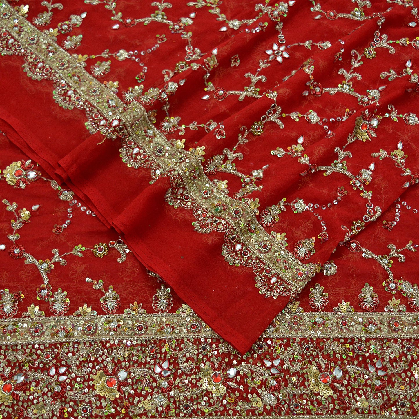 Indian Vintage Heavy Bridal Red Dupatta Pure Georgette Silk Long Stole Hand Embroidered Scarf Zardozi/Dabka Wedding red Hijab veil Boho