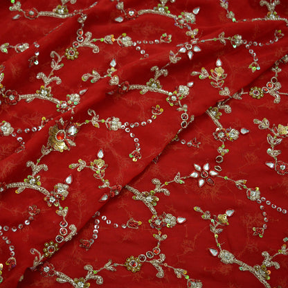 Indian Vintage Heavy Bridal Red Dupatta Pure Georgette Silk Long Stole Hand Embroidered Scarf Zardozi/Dabka Wedding red Hijab veil Boho