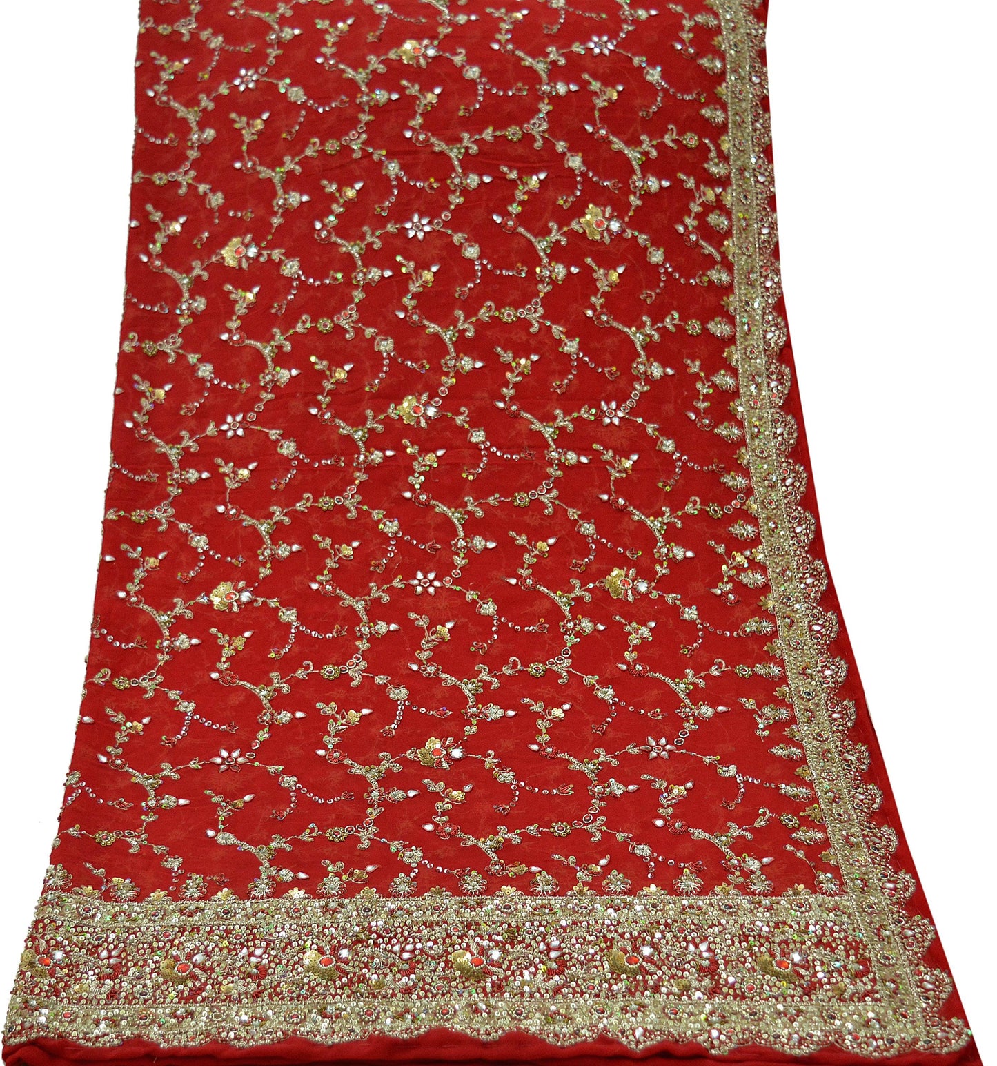 Indian Vintage Heavy Bridal Red Dupatta Pure Georgette Silk Long Stole Hand Embroidered Scarf Zardozi/Dabka Wedding red Hijab veil Boho