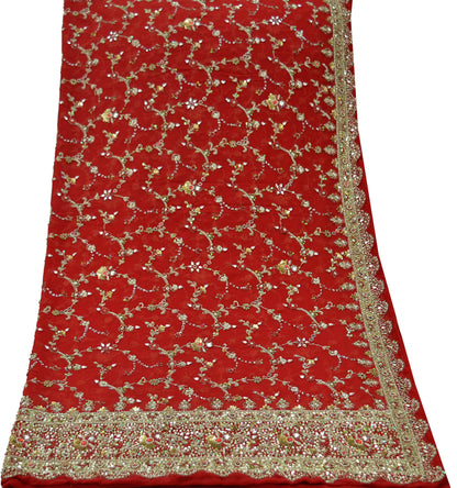 Indian Vintage Heavy Bridal Red Dupatta Pure Georgette Silk Long Stole Hand Embroidered Scarf Zardozi/Dabka Wedding red Hijab veil Boho