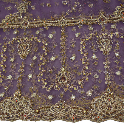 Indian Vintage Heavy Bridal Dupatta Purple Net Mesh Long Stole Hand Embroidered Scarves Golden Zardozi Dabka Zari Wedding Veil Hijab