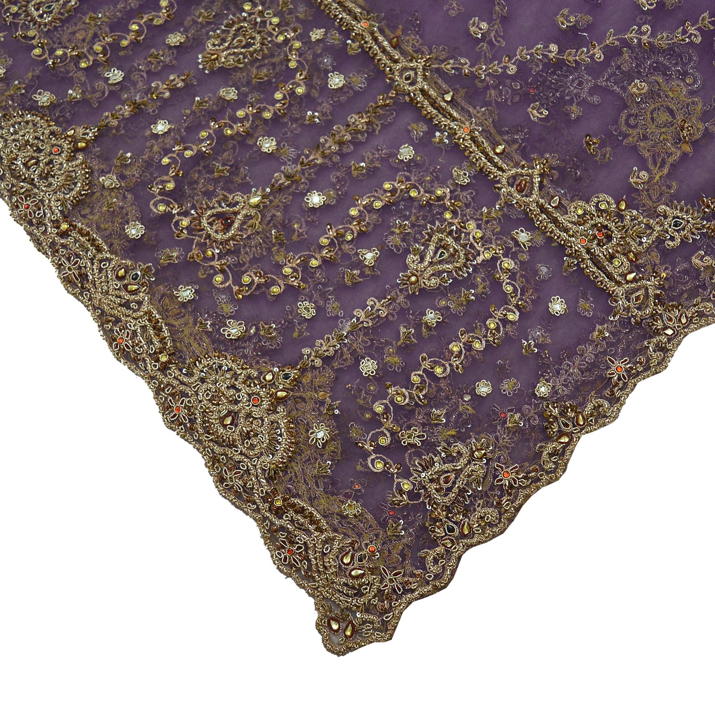 Indian Vintage Heavy Bridal Dupatta Purple Net Mesh Long Stole Hand Embroidered Scarves Golden Zardozi Dabka Zari Wedding Veil Hijab