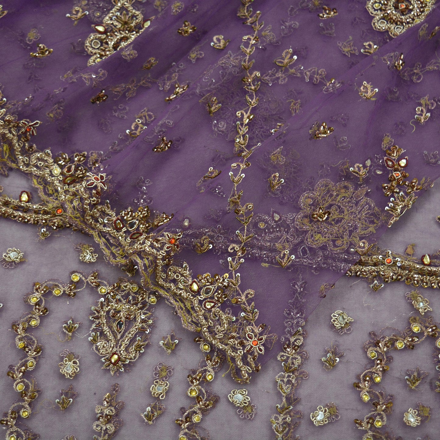 Indian Vintage Heavy Bridal Dupatta Purple Net Mesh Long Stole Hand Embroidered Scarves Golden Zardozi Dabka Zari Wedding Veil Hijab