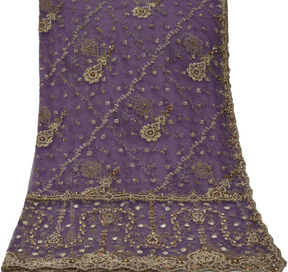 Indian Vintage Heavy Bridal Dupatta Purple Net Mesh Long Stole Hand Embroidered Scarves Golden Zardozi Dabka Zari Wedding Veil Hijab