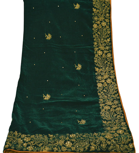 Indian Vintage Heavy Wedding Bottle Green Dupatta Velvet Long Stole Hand Embroidered Scarves Zari Hijab Veil Wrap Bridal Dupatta Paisley