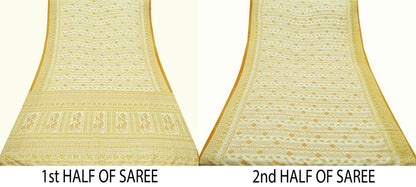 Indian Vintage Sari Ivory Pure Silk Printed Sarees 5yd Sewing Craft Fabric Soft Dress Making Wrap Floral Quilting Crafting Upcycle