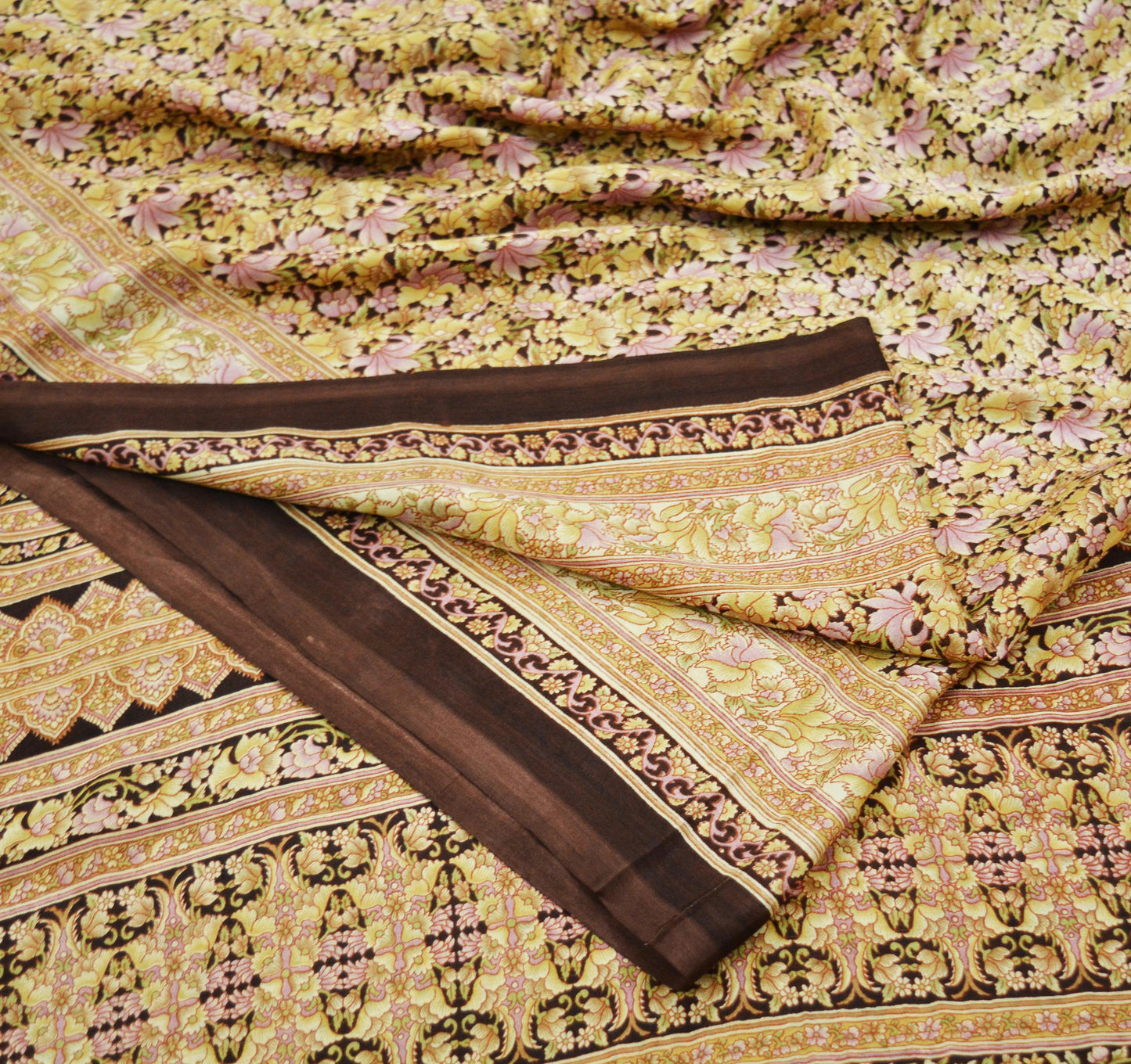 Indian Vintage Sari Brown Printed 100% Pure Silk Sarees 6yd Sewing Craft Fabric Soft Dress Making Wrap Floral Upcycle Quilting Crafting Used