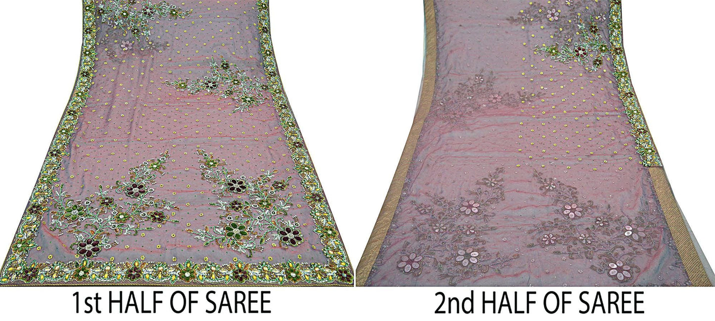 Indian Vintage Wedding Sari Pink & Purple Organza hand Embroidered Saree Fabric 5Yd Sewing Ethnic Zari Bollywood sarees Dress making