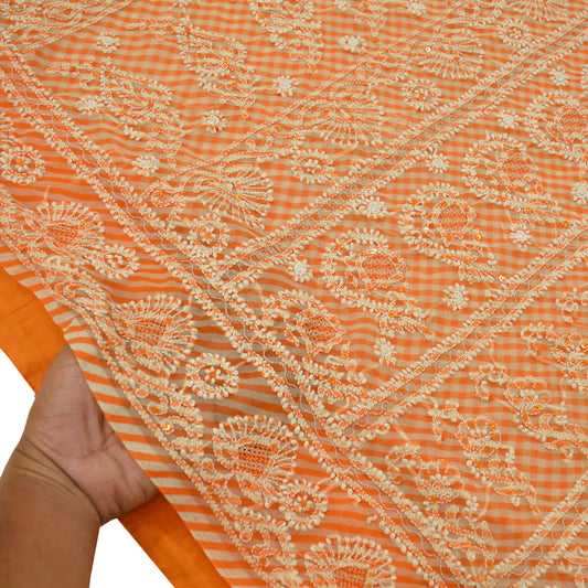 Indian Vintage Sari Ivory & Orange Georgette Hand Embroidered Chikankari Saree Craft Fabric 5yd Soft Sequins Dress Making Upcycle Quilting