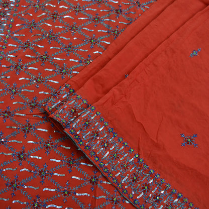 Indian Vintage Heavy Sari Red Saree Pure Crepe Silk Hand Embroidered Sarees Craft Fabric 5yd Sewing Sequins Crafting Dress making Upcycle