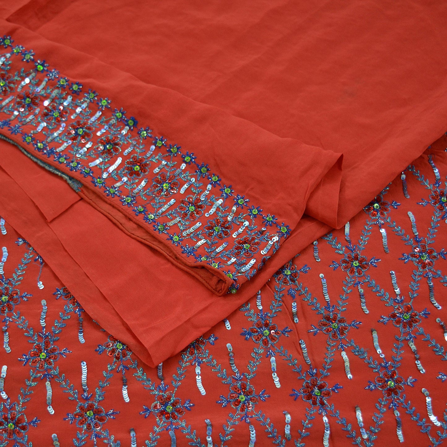 Indian Vintage Heavy Sari Red Saree Pure Crepe Silk Hand Embroidered Sarees Craft Fabric 5yd Sewing Sequins Crafting Dress making Upcycle