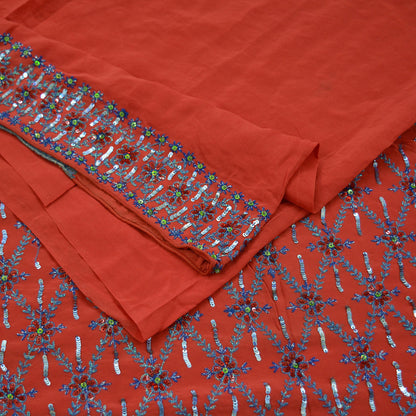 Indian Vintage Heavy Sari Red Saree Pure Crepe Silk Hand Embroidered Sarees Craft Fabric 5yd Sewing Sequins Crafting Dress making Upcycle