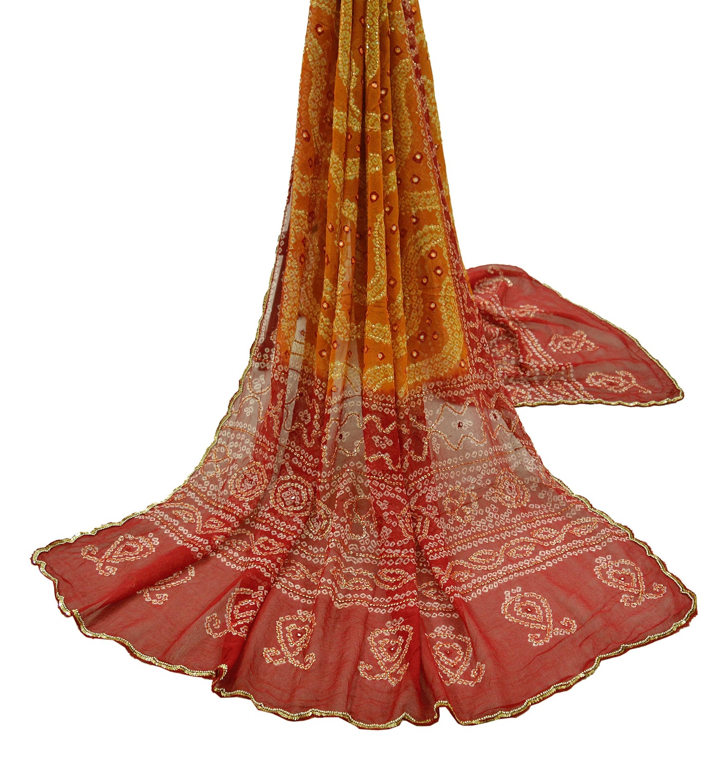 Indian Vintage Saffron & Red Dupatta Pure Georgette Silk Hand Embroidered Bandhani Veil Scarves Soft Sequins Glass Beaded