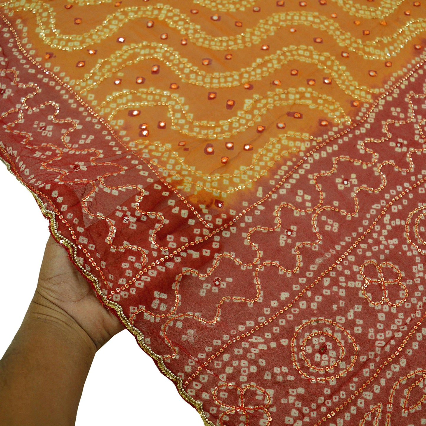 Indian Vintage Saffron & Red Dupatta Pure Georgette Silk Hand Embroidered Bandhani Veil Scarves Soft Sequins Glass Beaded