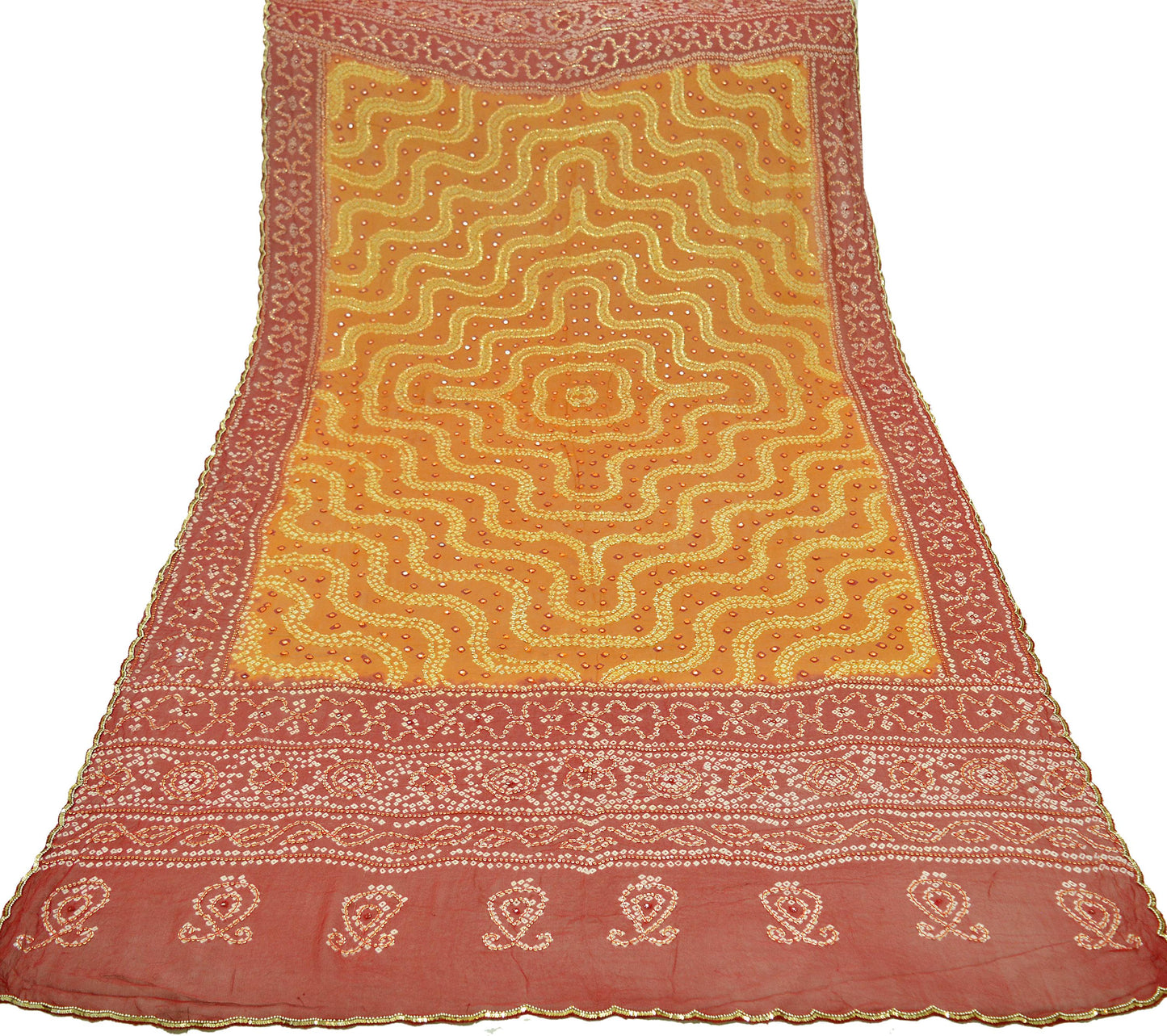 Indian Vintage Saffron & Red Dupatta Pure Georgette Silk Hand Embroidered Bandhani Veil Scarves Soft Sequins Glass Beaded