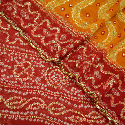 Indian Vintage Saffron & Red Dupatta Pure Georgette Silk Hand Embroidered Bandhani Veil Scarves Soft Sequins Glass Beaded