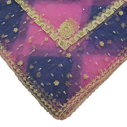 Indian Vintage Pink & Blue Dupatta Net Mesh Long Stole Hand Embroidered Scarves Golden Zardozi Zari Sequins Veil Hijab Scarf