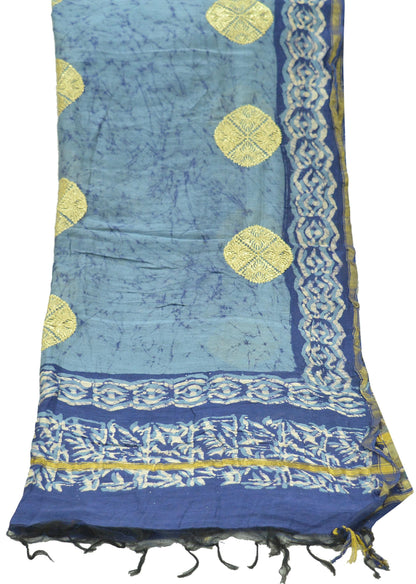 Indian Vintage Blue & Gray Dupatta Long Stole Block Print Pure Chanderi Silk Indian Scarves Veil Golden Zari Wrpa Hijab Fringes