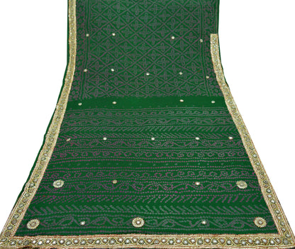 Indian Vintage Green Saree Pure Silk Hand Embroidered Bandhani Printed Sari Indian Sari Fabric 5yard Soft Zardozi Craft Fabric Soft