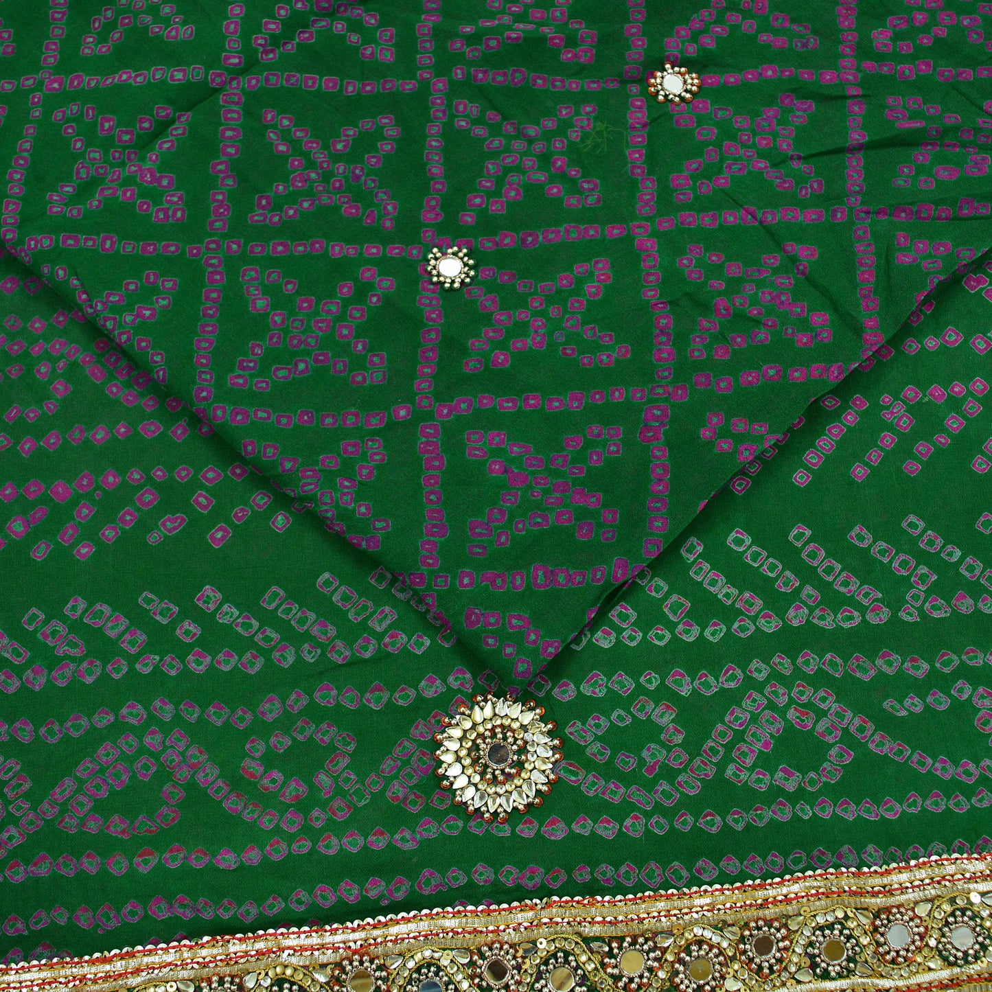 Indian Vintage Green Saree Pure Silk Hand Embroidered Bandhani Printed Sari Indian Sari Fabric 5yard Soft Zardozi Craft Fabric Soft