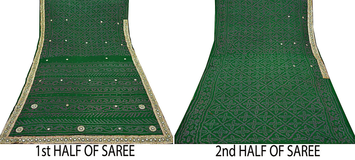 Indian Vintage Green Saree Pure Silk Hand Embroidered Bandhani Printed Sari Indian Sari Fabric 5yard Soft Zardozi Craft Fabric Soft