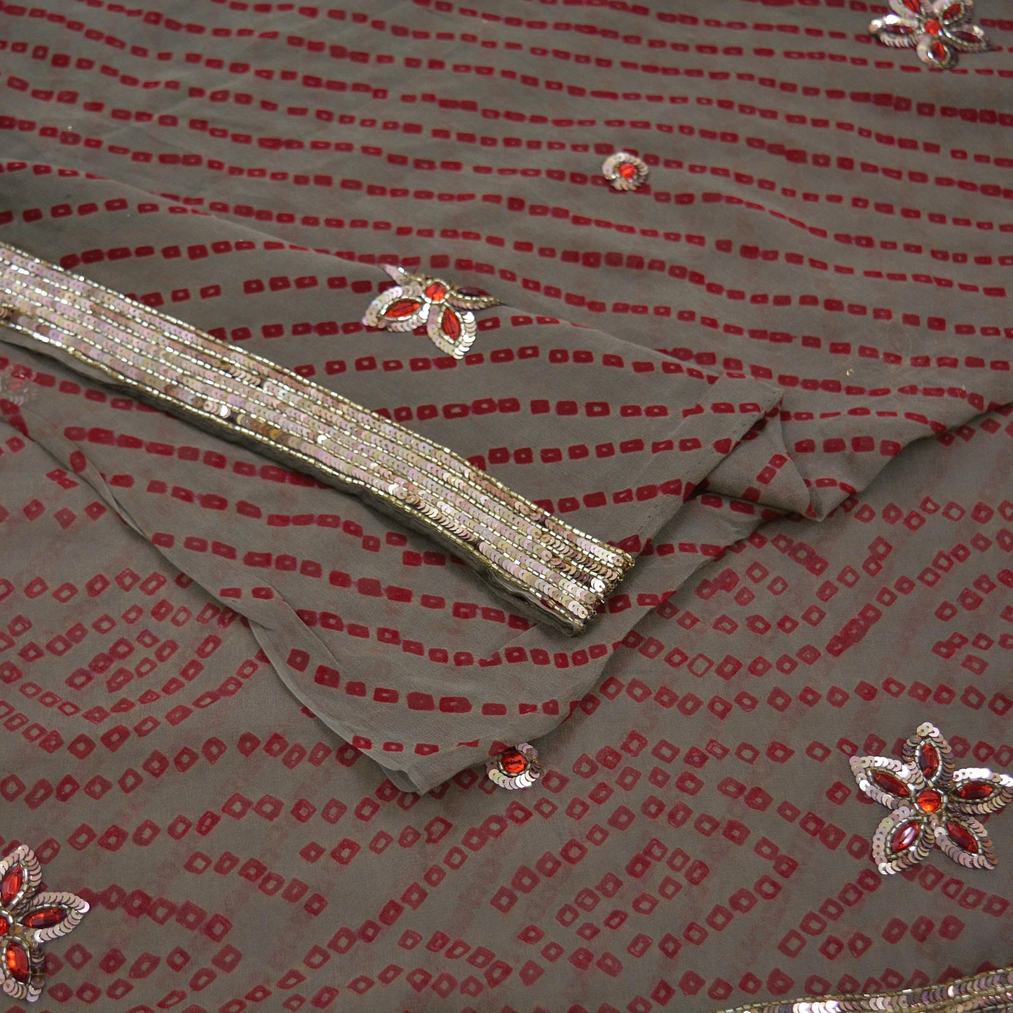 Indian Vintage Sarees Brown 100% Pure Georgette Silk Hand Embroidery Bandhani Sari 5Yard Craft Fabric Sewing Dress making Quilting Crafting