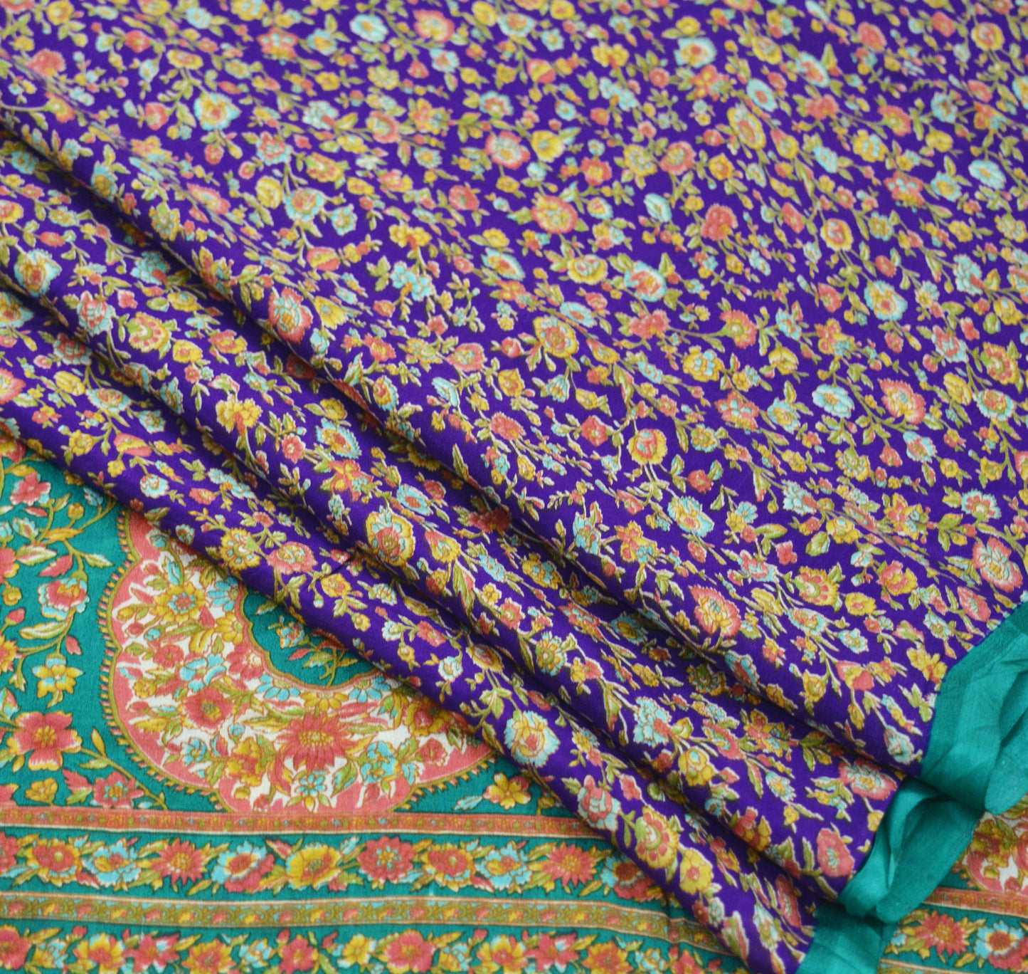 Indian Vintage Sari Purple & Green Printed Pure Silk Sarees 6yd Sewing Craft Fabric Soft Dress Making Floral Upcycle Crafting Quilting Used