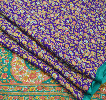 Indian Vintage Sari Purple & Green Printed Pure Silk Sarees 6yd Sewing Craft Fabric Soft Dress Making Floral Upcycle Crafting Quilting Used