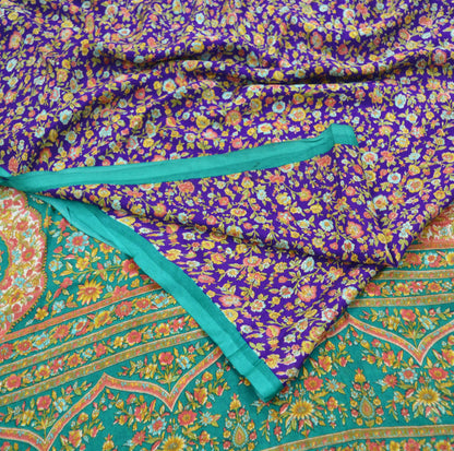 Indian Vintage Sari Purple & Green Printed Pure Silk Sarees 6yd Sewing Craft Fabric Soft Dress Making Floral Upcycle Crafting Quilting Used