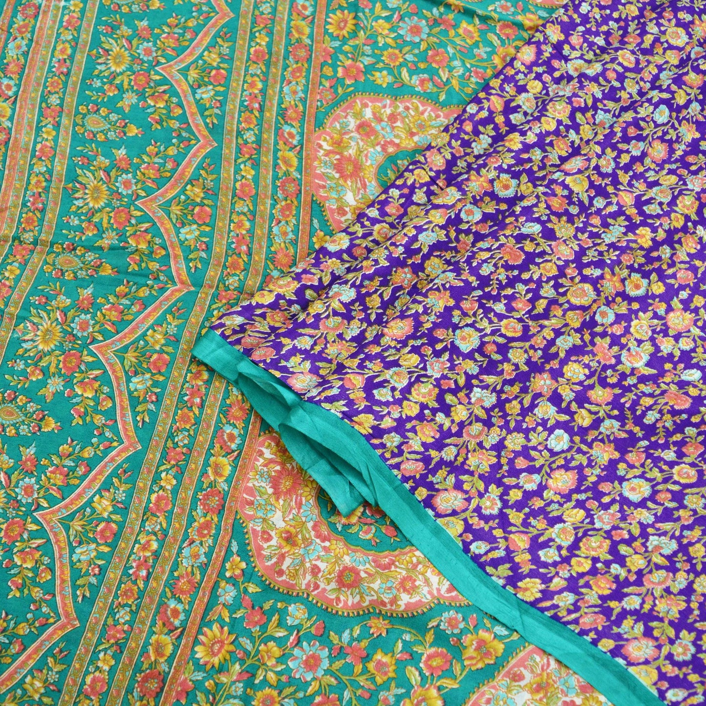 Indian Vintage Sari Purple & Green Printed Pure Silk Sarees 6yd Sewing Craft Fabric Soft Dress Making Floral Upcycle Crafting Quilting Used