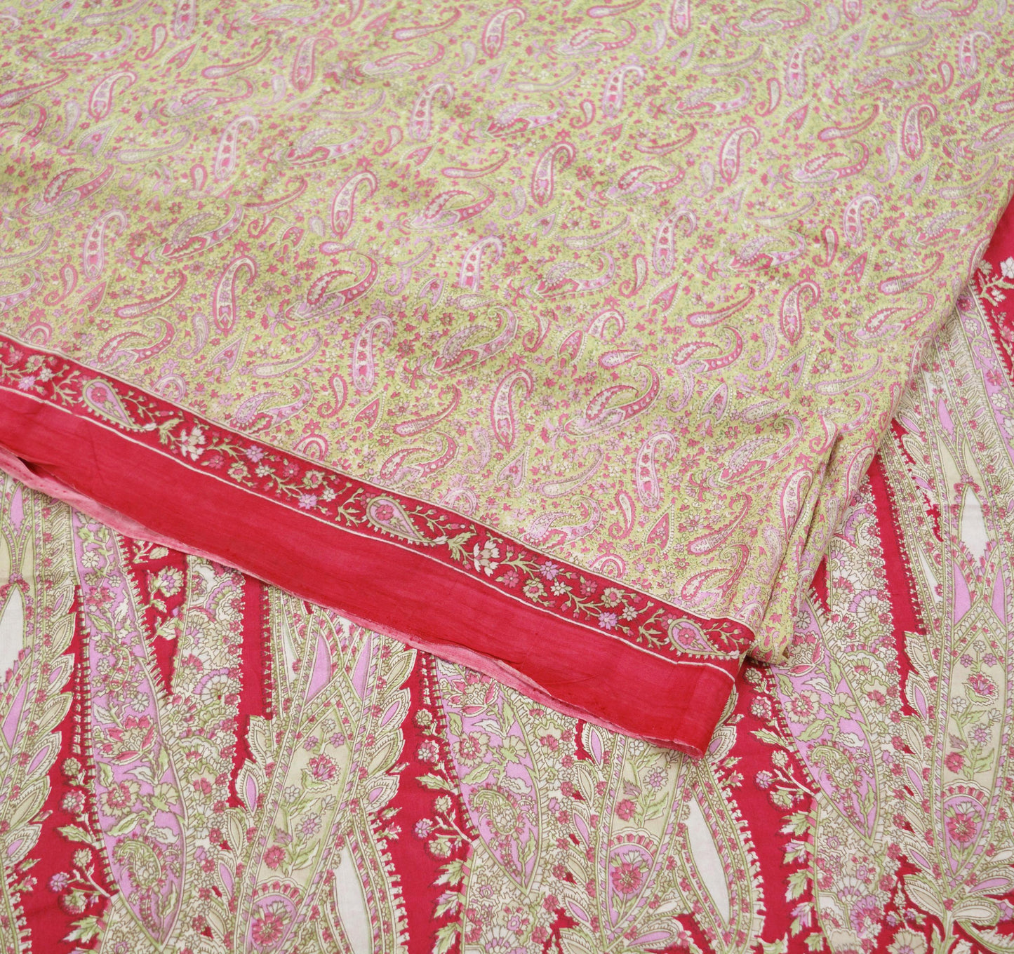 Indian Vintage Sari Red & Beige 100% Pure Silk Printed Sarees 5yd Craft Fabric Sewing Soft Dress Making Paisley Quilting Upcycle Crafting