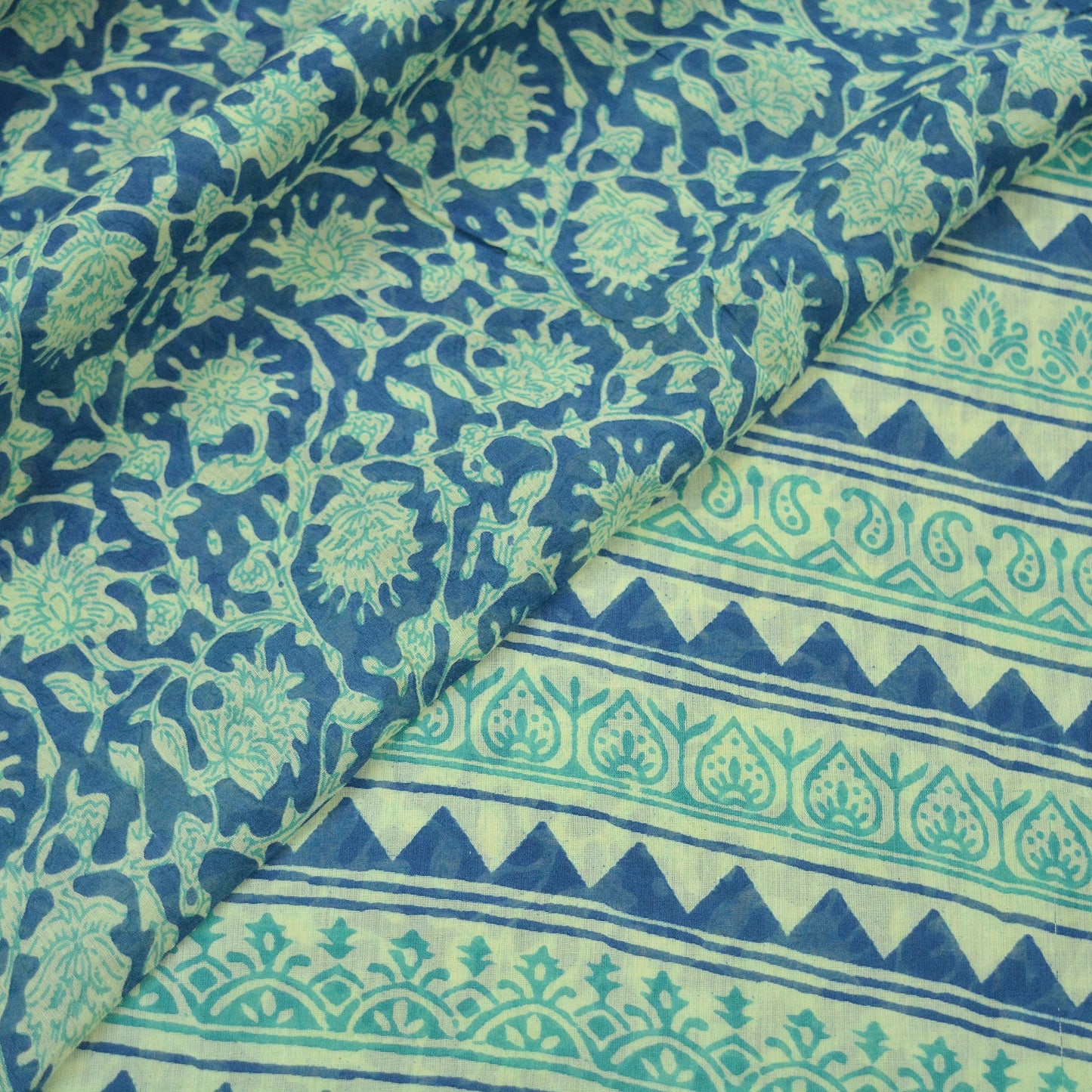 Indian Vintage Sari Blue  & Ivory Printed Pure Cotton Sarees Craft Fabric 5Yd Soft Sewing Sarong Wrap Boho Floral Quilting Crafting Upcycle