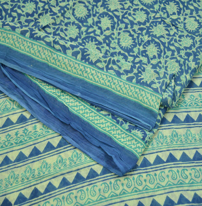 Indian Vintage Sari Blue  & Ivory Printed Pure Cotton Sarees Craft Fabric 5Yd Soft Sewing Sarong Wrap Boho Floral Quilting Crafting Upcycle