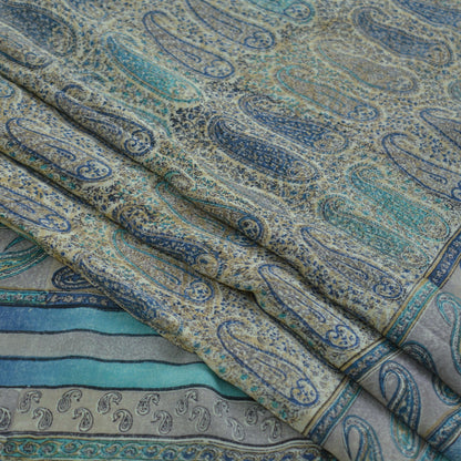 Indian Vintage Sari Beige & Green Pure Crepe Silk Printed Sarees 5yd Sewing Soft Craft Fabric Wrap Paisley Crafting Dress making Quilting